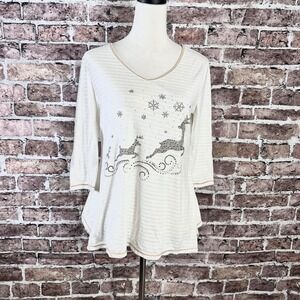 Holiday Traditions Women White Reindeer Snowflake Rhinestone 3/4 Sleeve Top Sz S